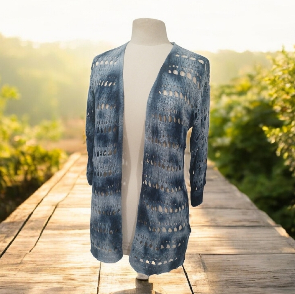 Ruff Hewn Crochet Blue Open-Knit Cardigan